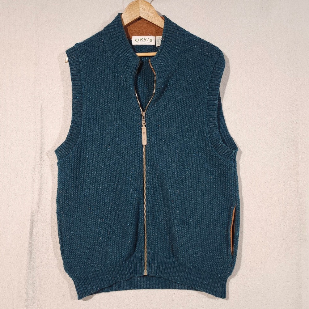Orvis Mens Teal Donegal Wool Blend Full Zip Sweater Vest Waffle Knit Large Fall